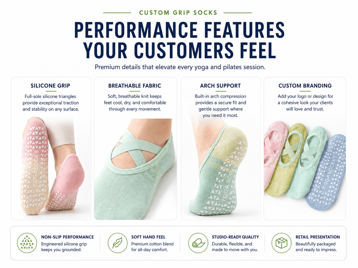 Silicone grip, breathable fabric, arch support and branding features for custom studio socks