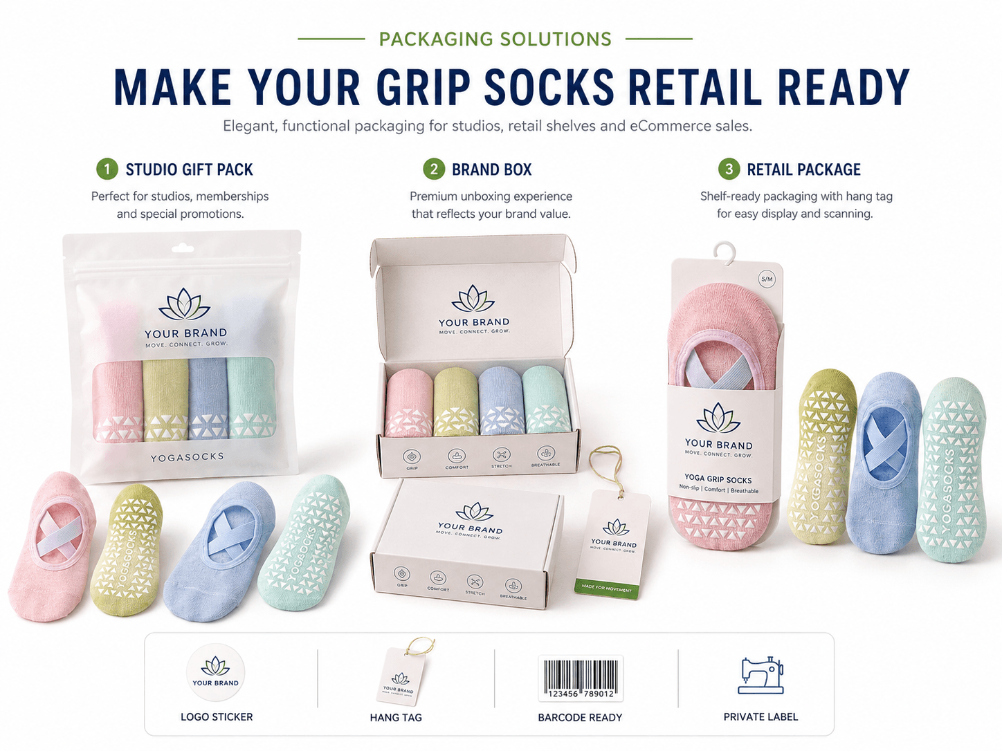 Gift pack, box and retail packaging options for private label Pilates and yoga grip socks